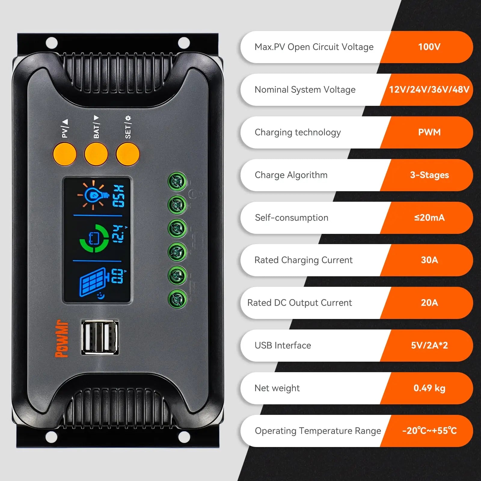 PowMr MPPT 100A 80A 60A 40A 30A 30A 20A Solar Charger Controller LCD Work With 12V 24V 36V 48V Lead-acid Lifepo4 Battery Solar Panel 
