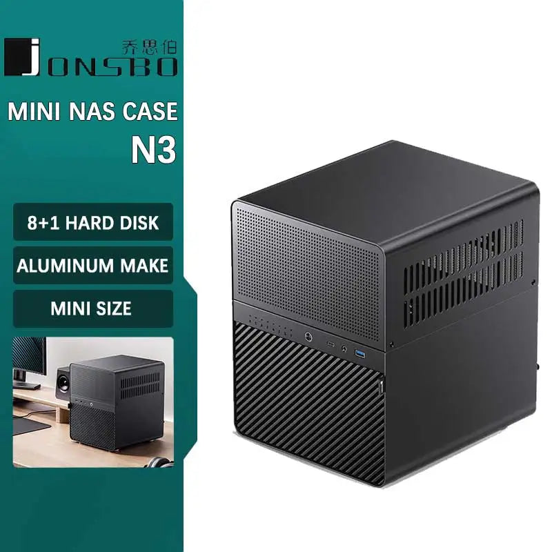 JONSBO N3 Mini NAS kabinet ITX Mini aluminium med stålplade, understøtter 130mm CPU-køler, to 100×25mm blæsere er standard