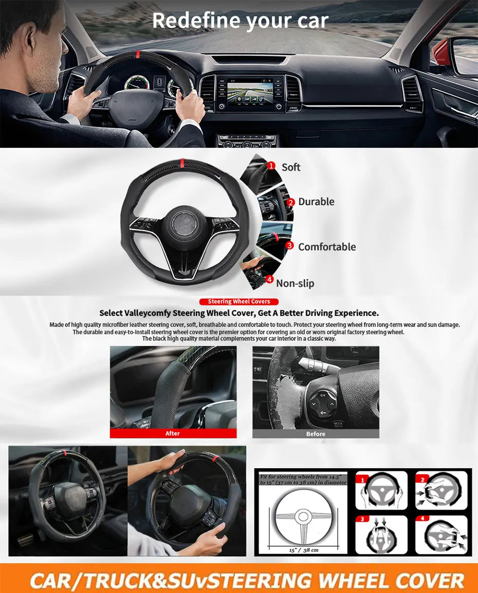 SEAMETAL Car Steering Wheel Cover Nappa Leather Snap-On Clip Installation With Return Mark Non-slip Steering Wheel Protector