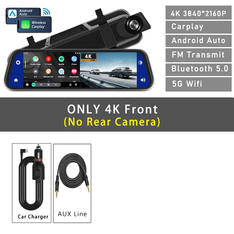 10"  Dash Cam 4K 3840*2160P Car Dvr Carplay Android Auto GPS 5G WIFI AUX Stream RearView Mirror Dashcam Camera Drive Recorder FM 