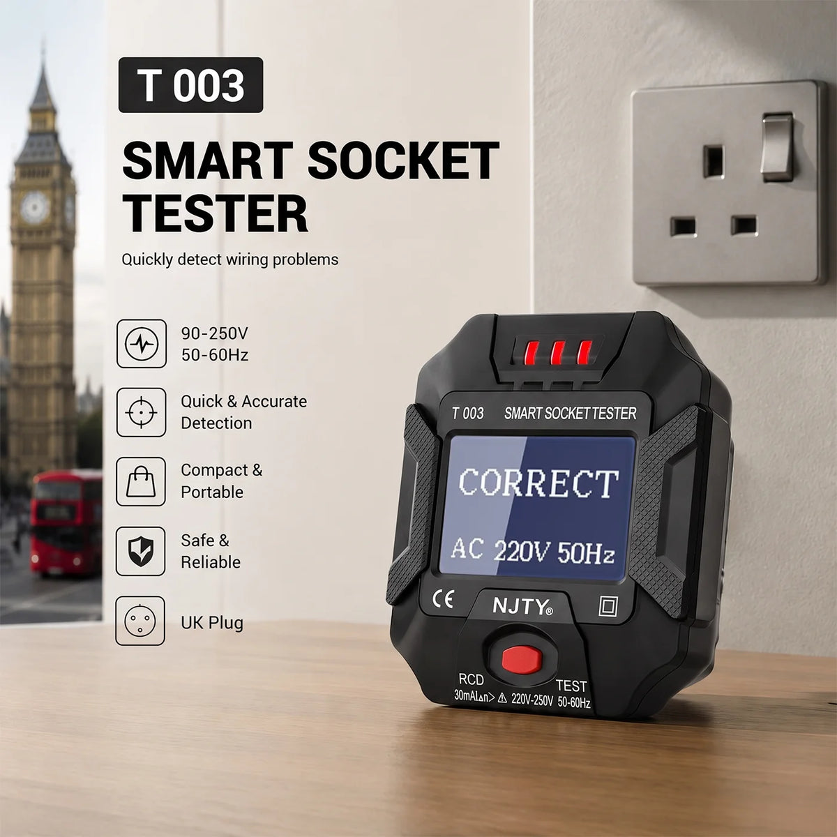 T003-UK Digital Socket Tester with RCD Function