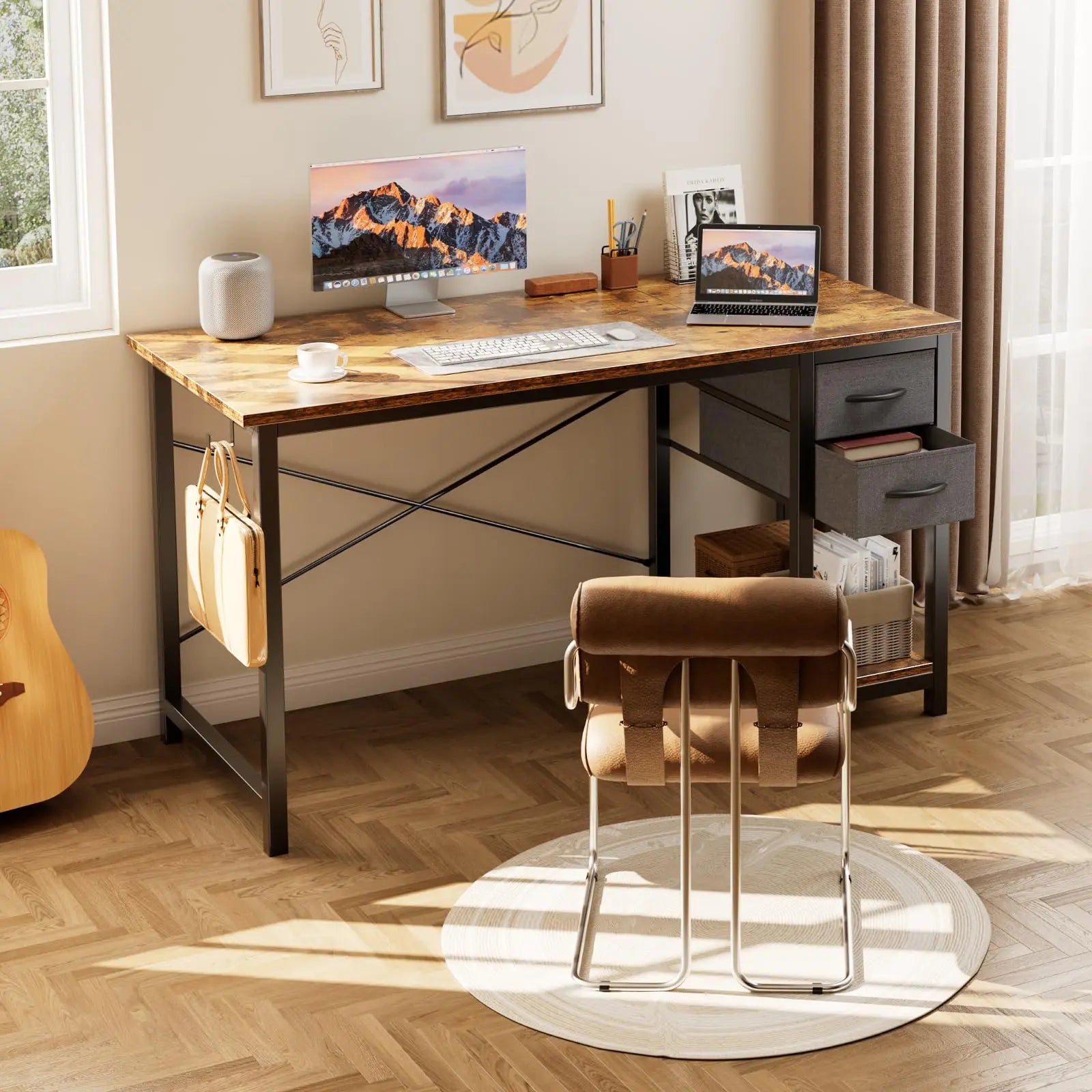 Modern Computer Desk with Drawers and Adjustable Storage Shelf