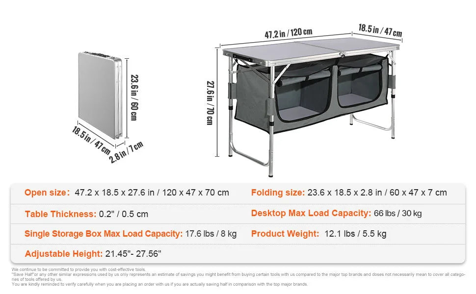 SucceBuyFolding Picnic Table Kitchen Camping Cupboards Aluminum Suitcase Table with Storage Bag Adjustable Height for Outdoor