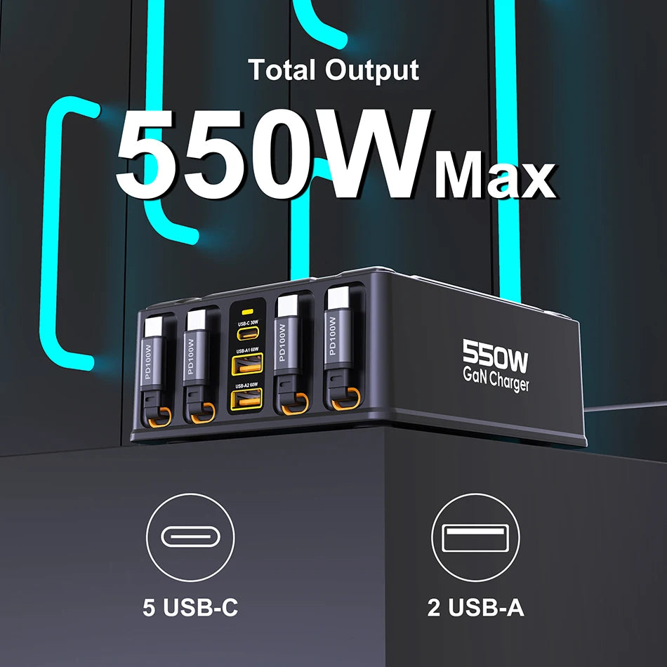 Nabíjacia stanica 7 v 1 s výkonom 550 W a 100W vysúvateľnými USB-C káblami