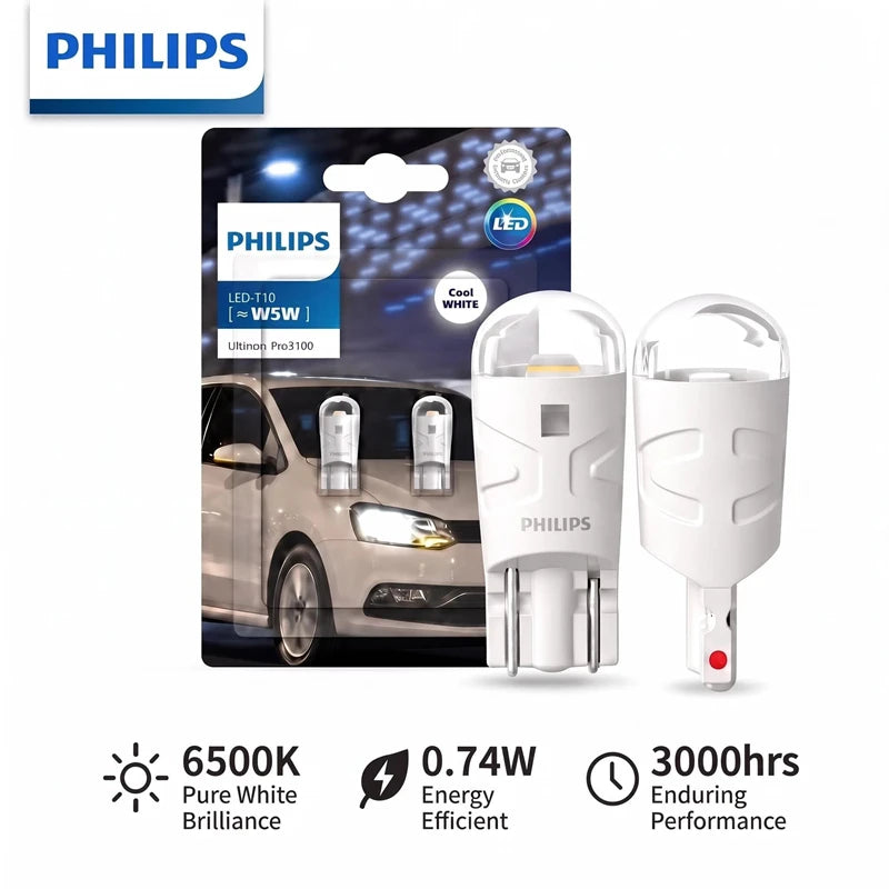 Philips Ultinon Pro3100 LED T10 W5W 6500K Cool White New Style Car Interior/parking Light Turn Signals Lamps 11961CU31B2, Pair