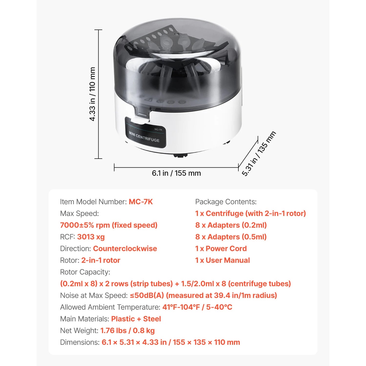 Mini centrifuge 7000 tr/min 3013xg avec rotor 2-en-1 pour tubes de laboratoire