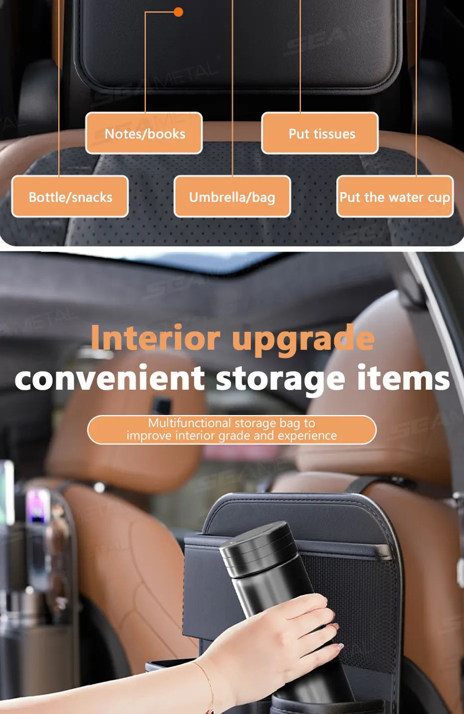 SEAMETAL 6-Pocket Car Seat Back Organizer Premium Pu Durable Car Back Seat Storage Bag Wear-Resistant Waterproof Anti-Kick Pad