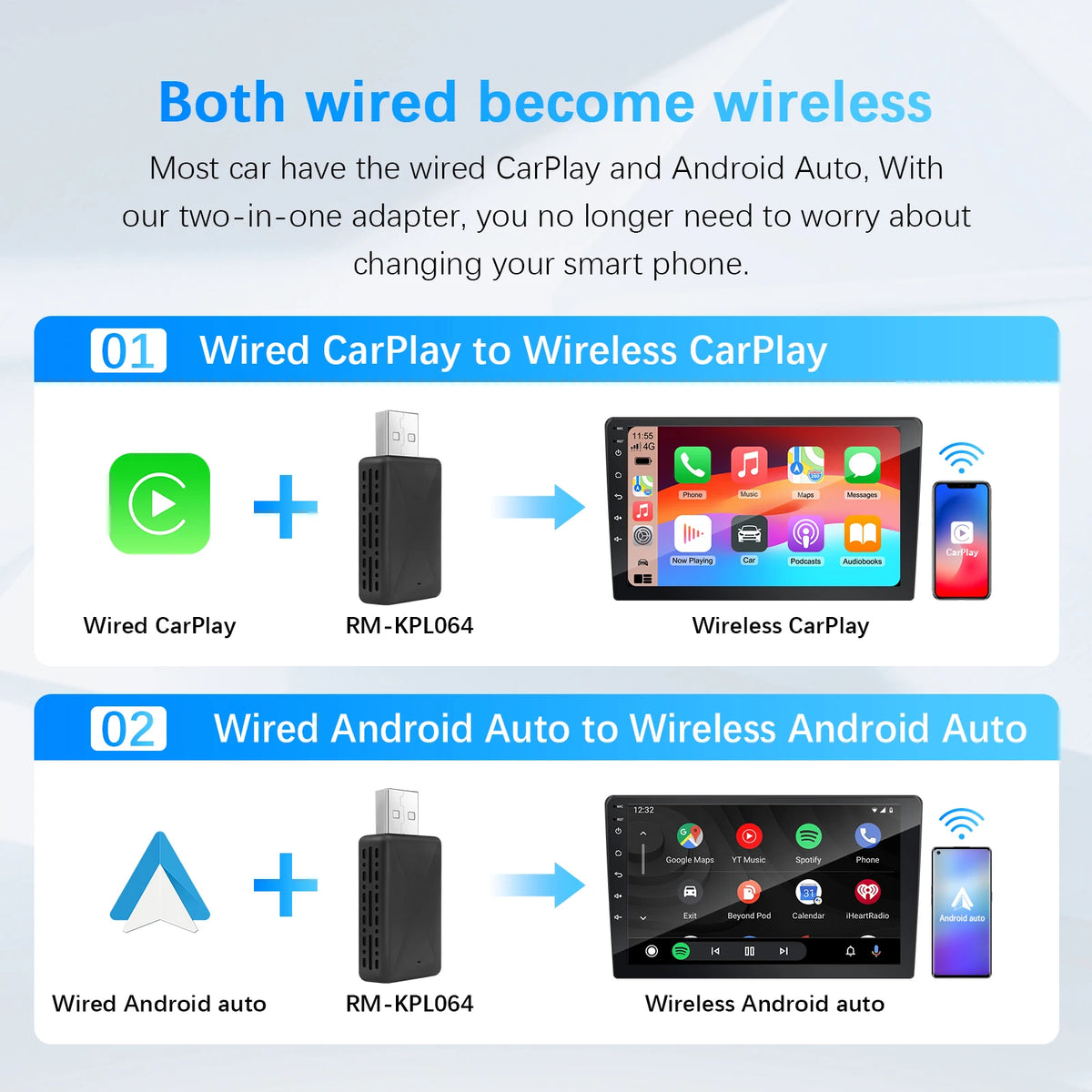 Ezonetronics bezdrátový CarPlay Android Auto adaptér pro tovární kabeláž vozu, 2 v 1 CarPlay a Android Auto