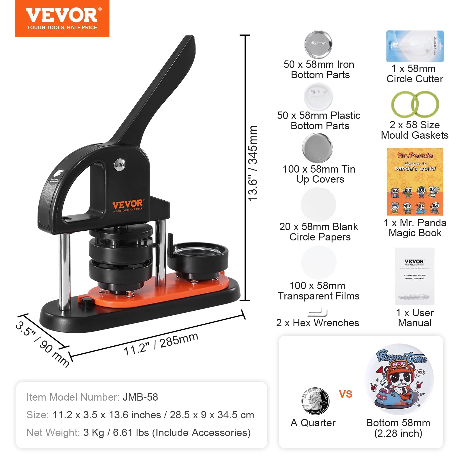 Button Maker Machine Kit with 25/32/58mm Molds & Accessories