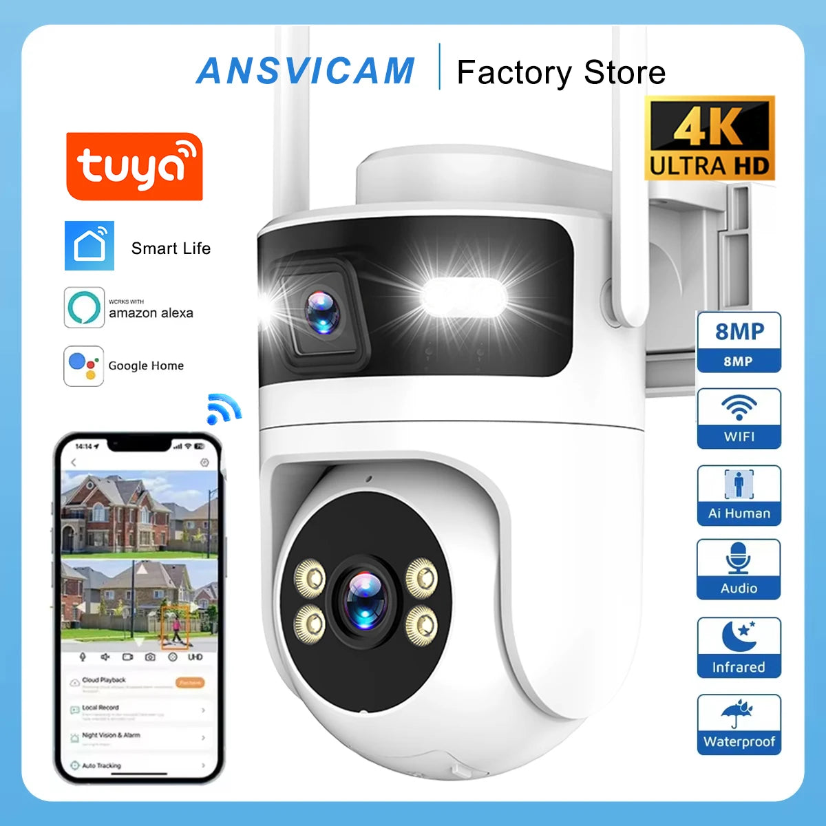 4K 8MP Dual Lens PTZ Outdoor WiFi Security Camera with AI Tracking