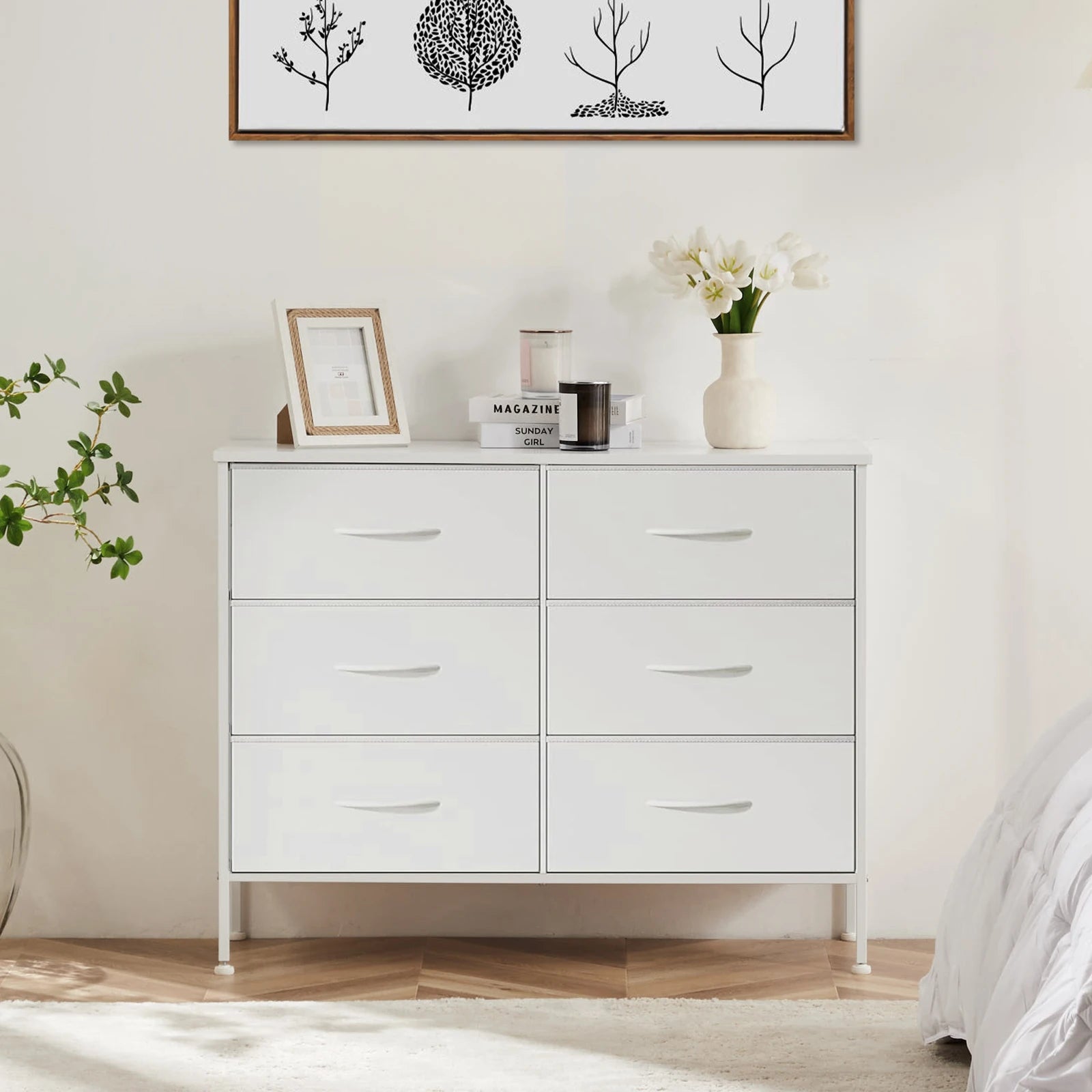 6-Drawer Fabric Dresser with Wooden Top and Metal Frame