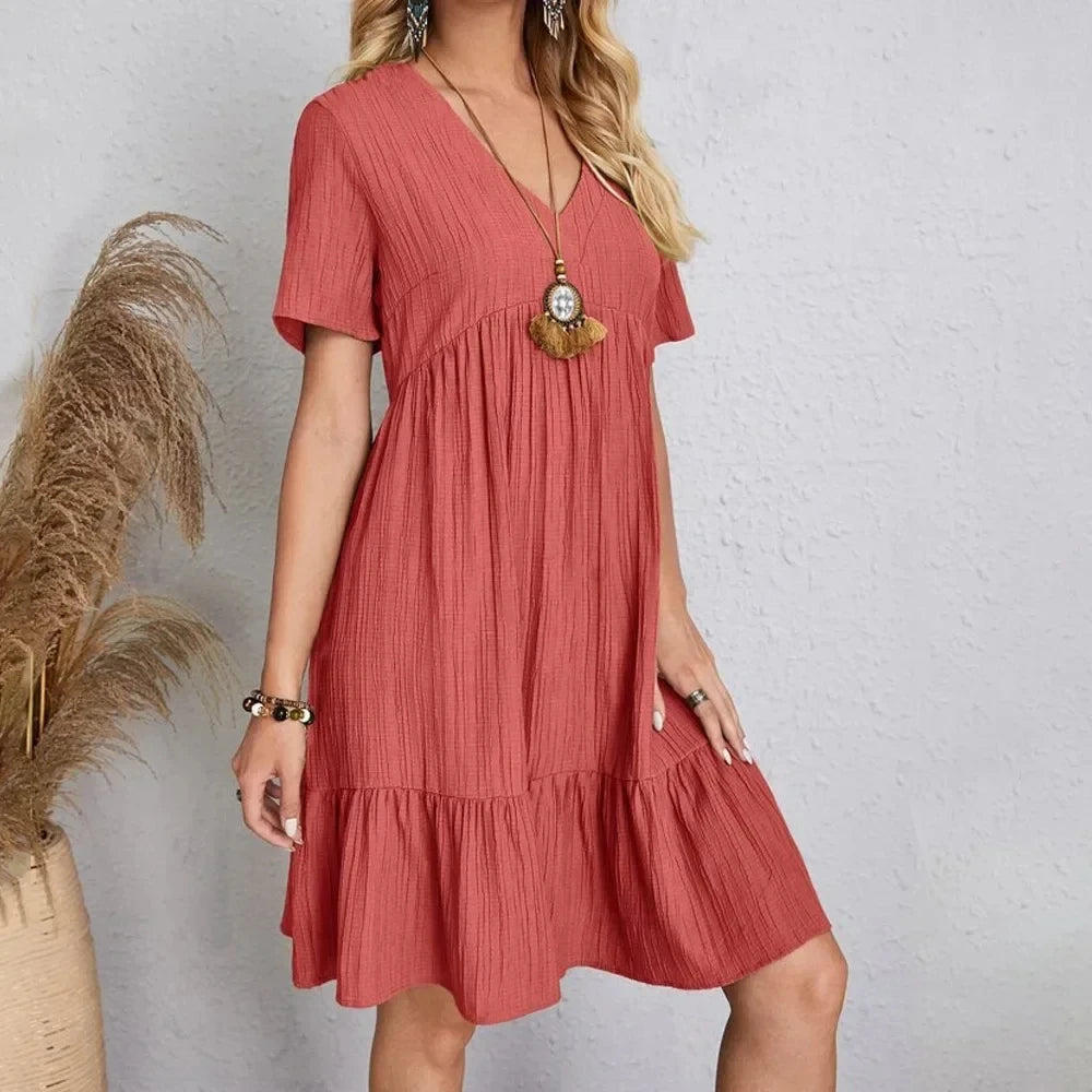 Women Summer Peplum Dresses Spring V-Neck Short Sleeve Loose Waist Ruffle Fit Flare Vocation Dresses 