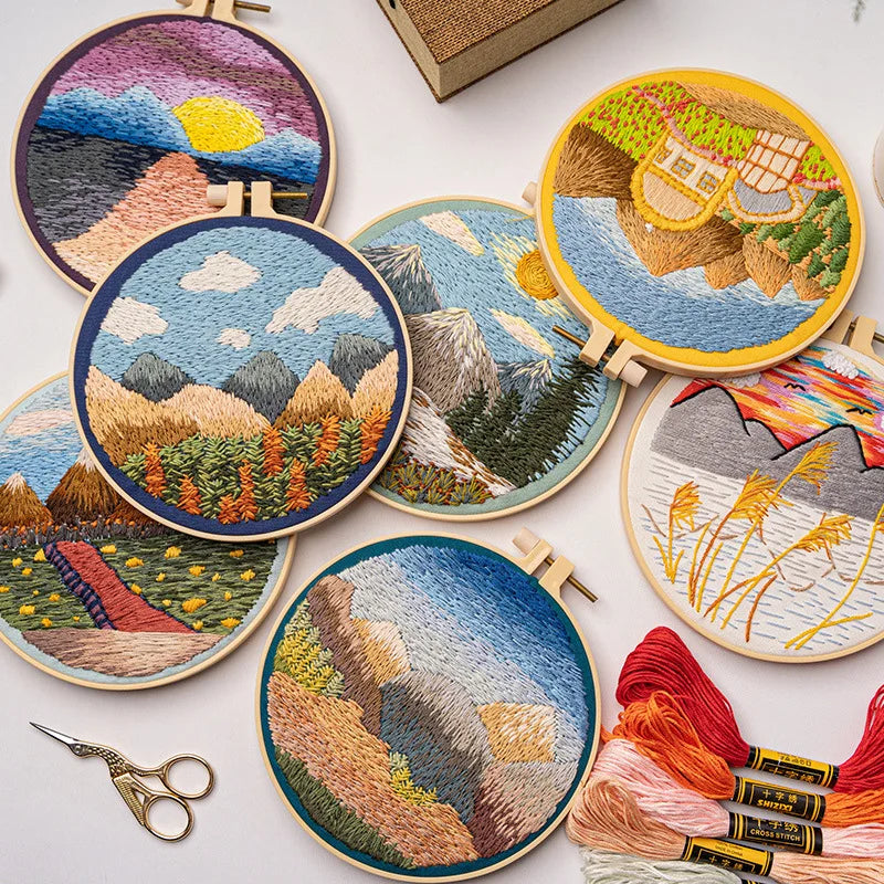 Printed Landscape Embroidery Kit, Hoop Options