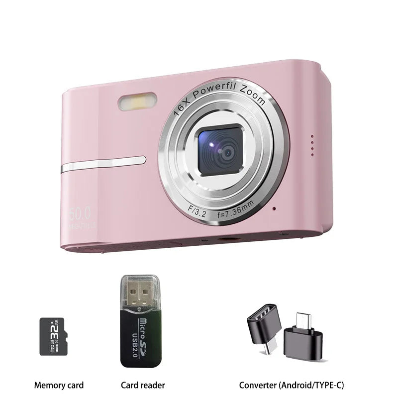 5K 50MP Mini Digital Camera with 16X Zoom, 2.4 Inch IPS Display & Flash
