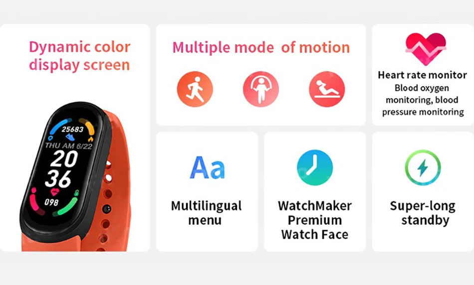 M6 Smart Watch Men Women Fitness Smart Bracelet Sports Band Heart Rate Blood Pressure Monitor Waterproof Multi-function Watches 