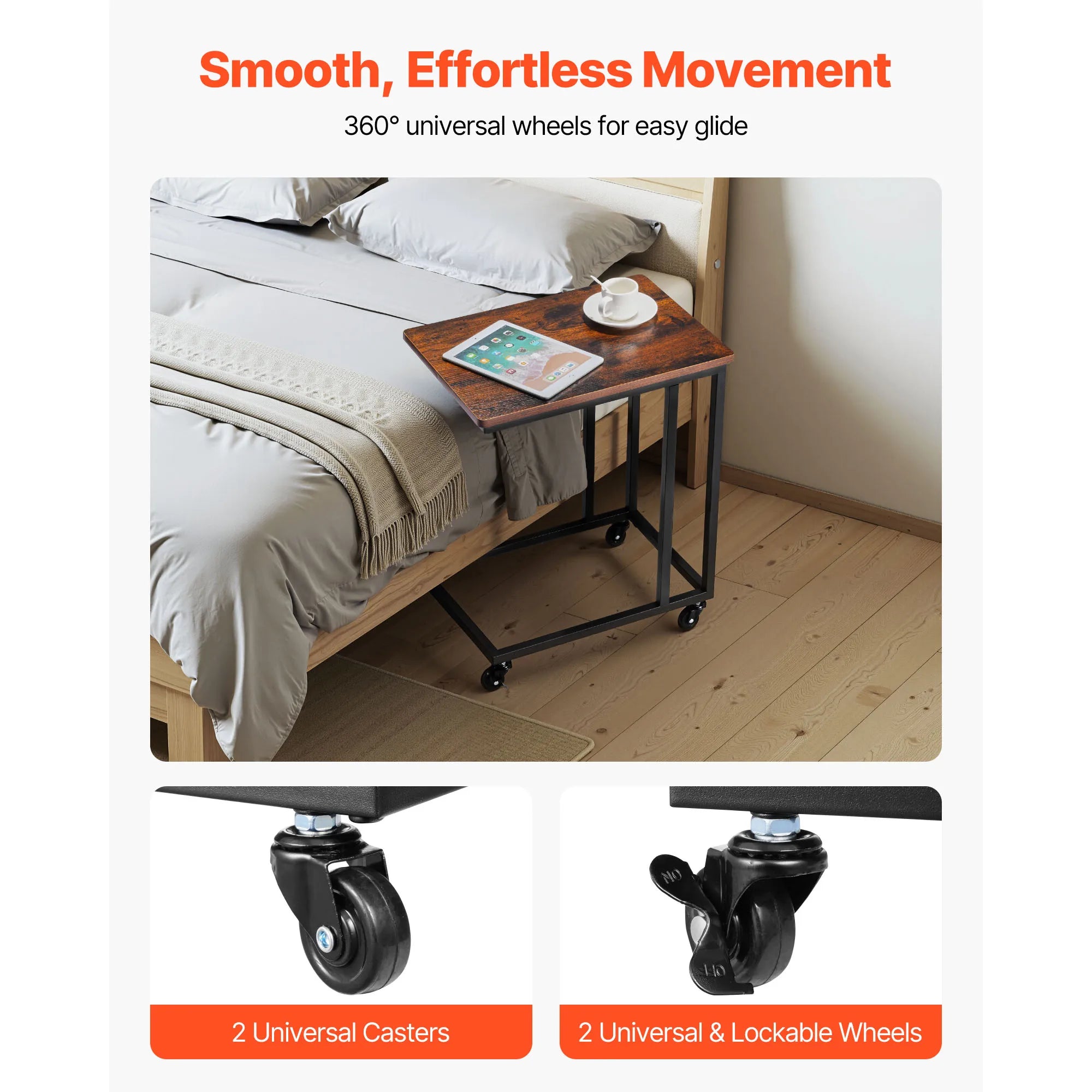 SucceBuy C Table C Shaped Sofa Side Table with Metal Frame Rolling Casters Portable C Shaped End Stand for Living Room Office