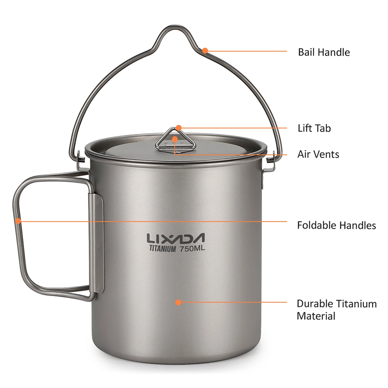3-Piece Titanium Cookware Set with 750ml Pot, 450ml Cup, Folding Spork