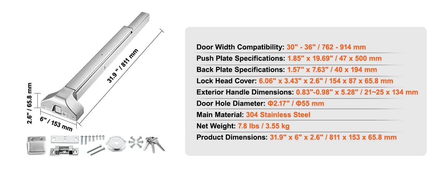 Stainless Steel Push Bar Panic Exit Device with Exterior Lever