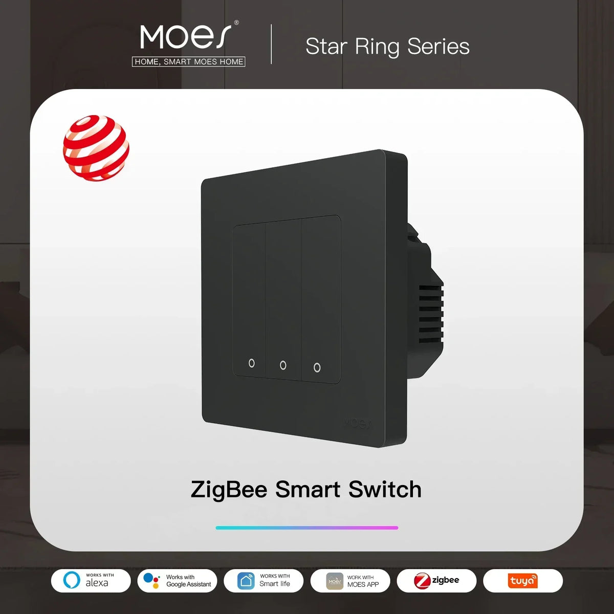 MOES Smart Light Switch Tuya ZigBee Star Ring Series No Neutral Wire No Capacitor Needed Smart Life Works with Alexa Google Home