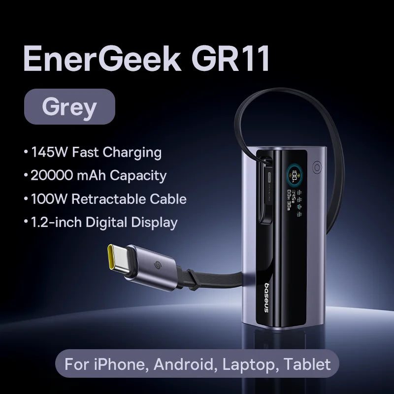 145W Snellader Powerbank 20000mAh met Uittrekbare USB-C Kabel