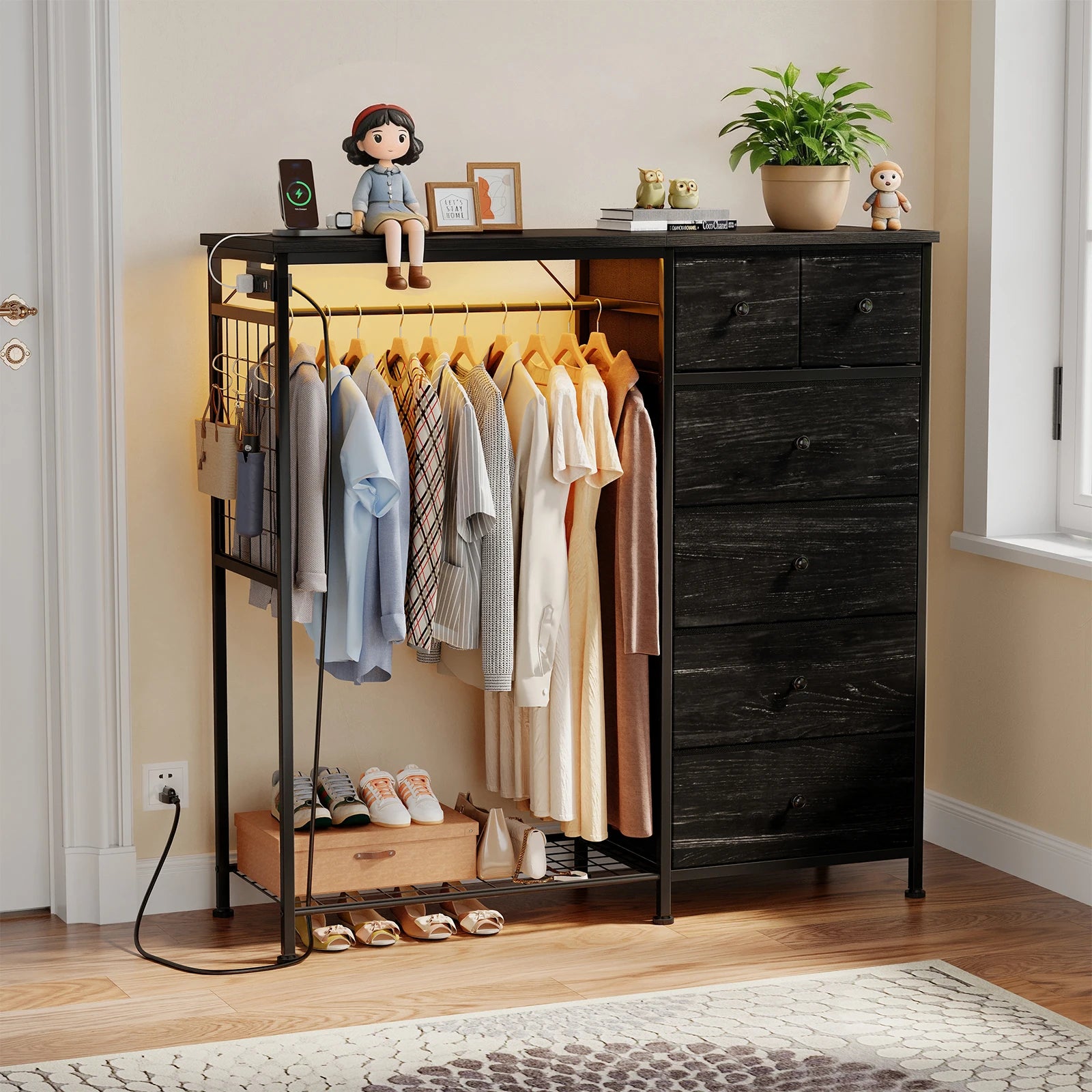 6-Drawer Fabric Dresser with Hanging Rack, LED Lights & Charging Station