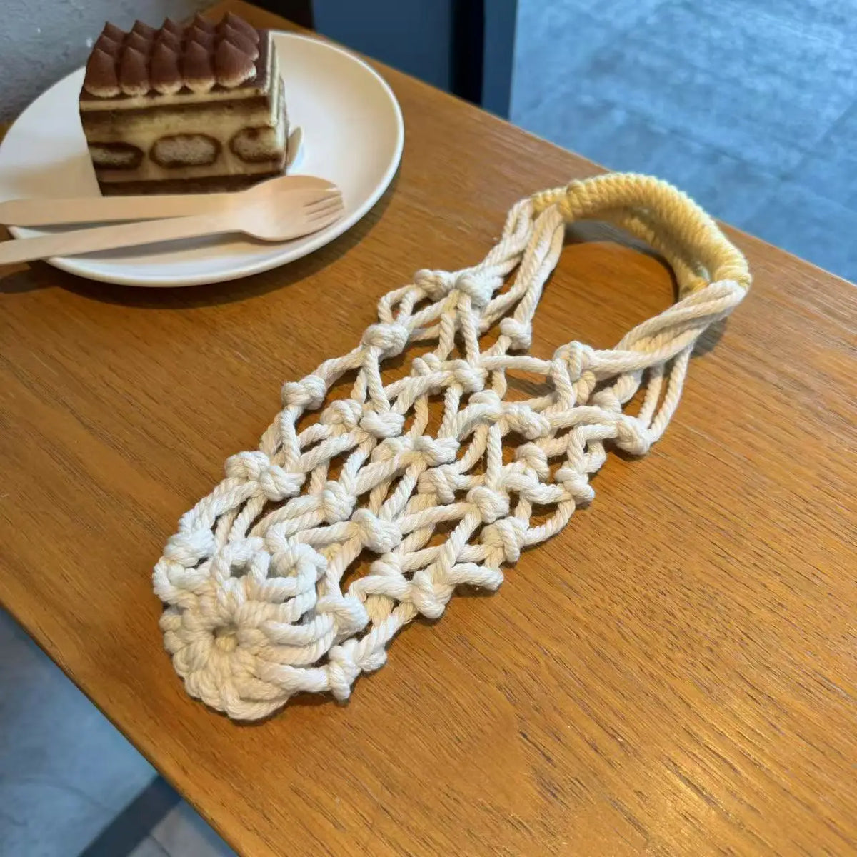 Handgewebte Baumwoll-Netztasche für Becher und Reisebecher