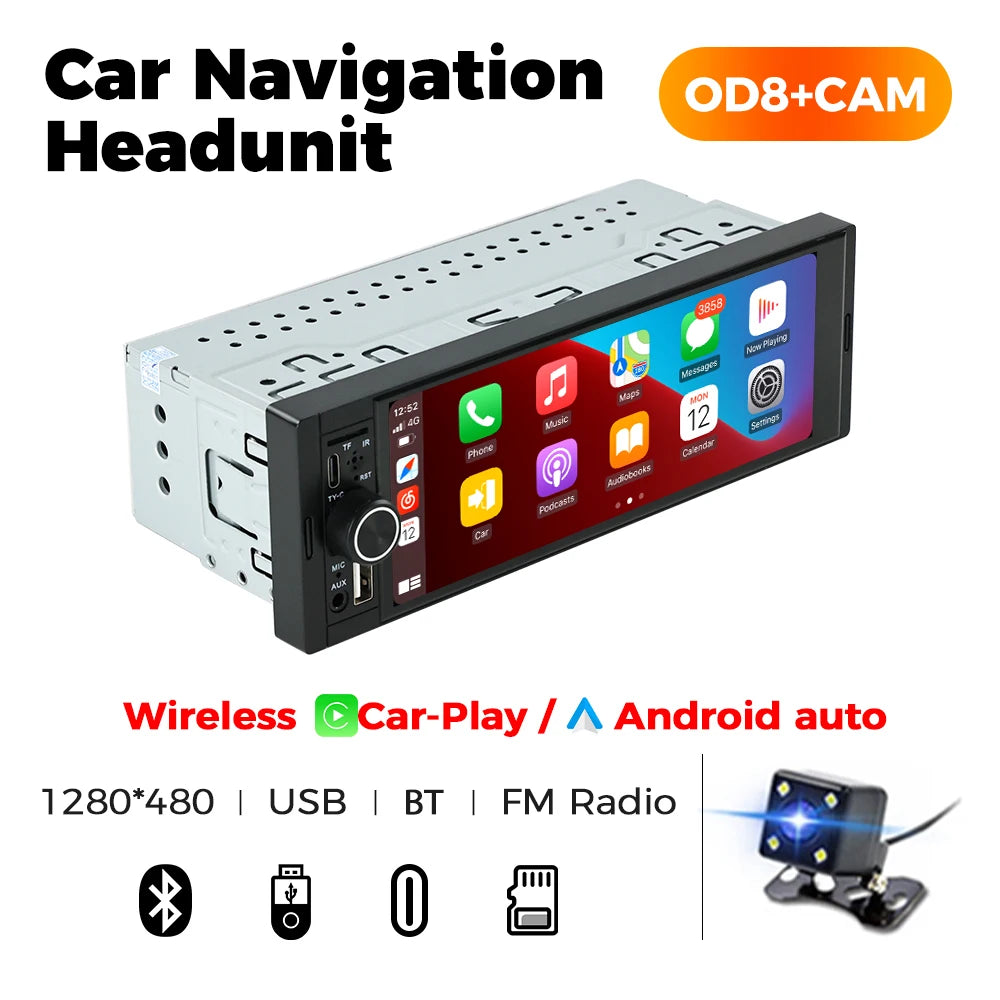 6,86" 1DIN autoradio met draadloze CarPlay, Android Auto en Bluetooth