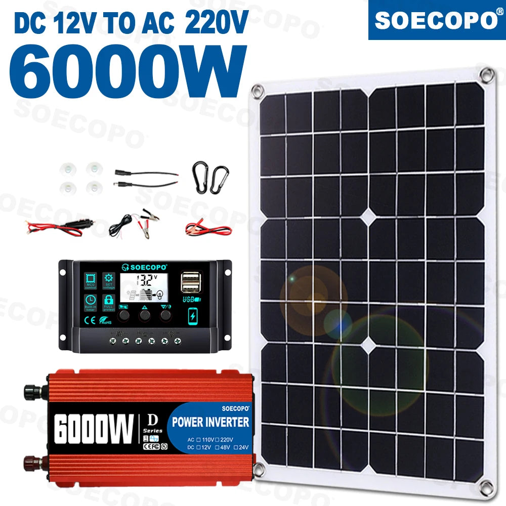 6000W solární systém 500W panel 100A regulátor krokodýlí svorky karabiny háčky 12V na 110V/220V měnič pro domácnost a karavan CE FCC