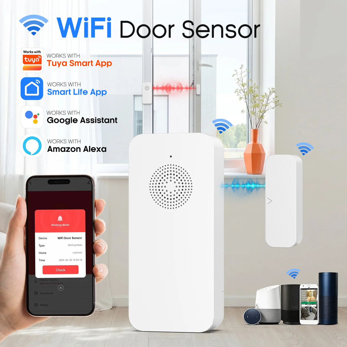 Tuya Smart WiFi Door Sensor 110dB Sound Window Sensor Smart Life Door Sensor APP Alert Alarm Door Window Magnetic Sensor