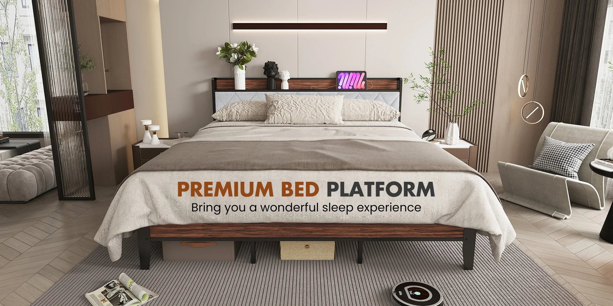 King Size Metal Bed Frame with Storage & Charging Headboard