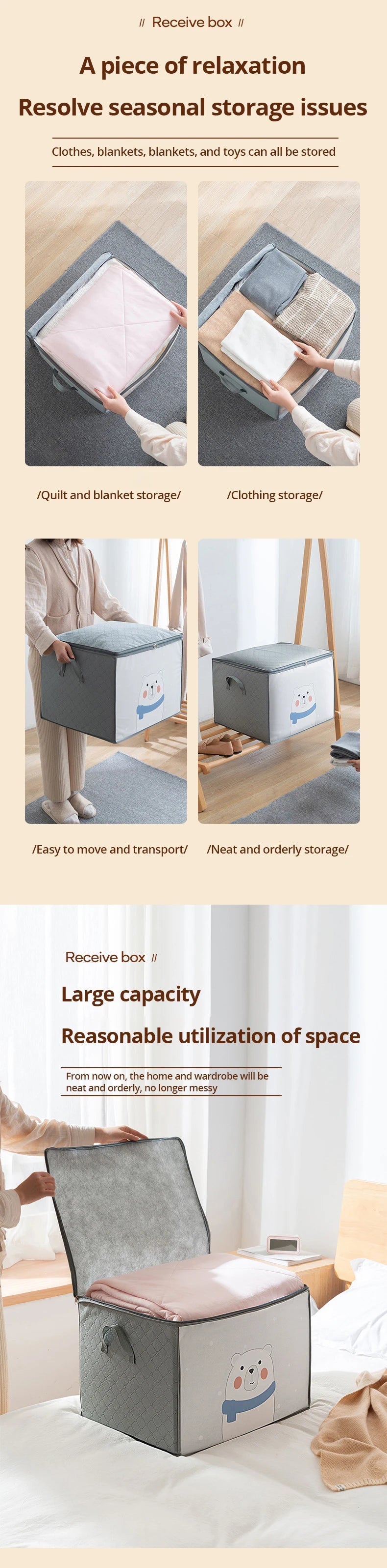 1pc Large Capacity Clothes Storage Bag Organizer With Reinforced Handle For Blankets Bedding Foldable With Zipper Storage Bag 