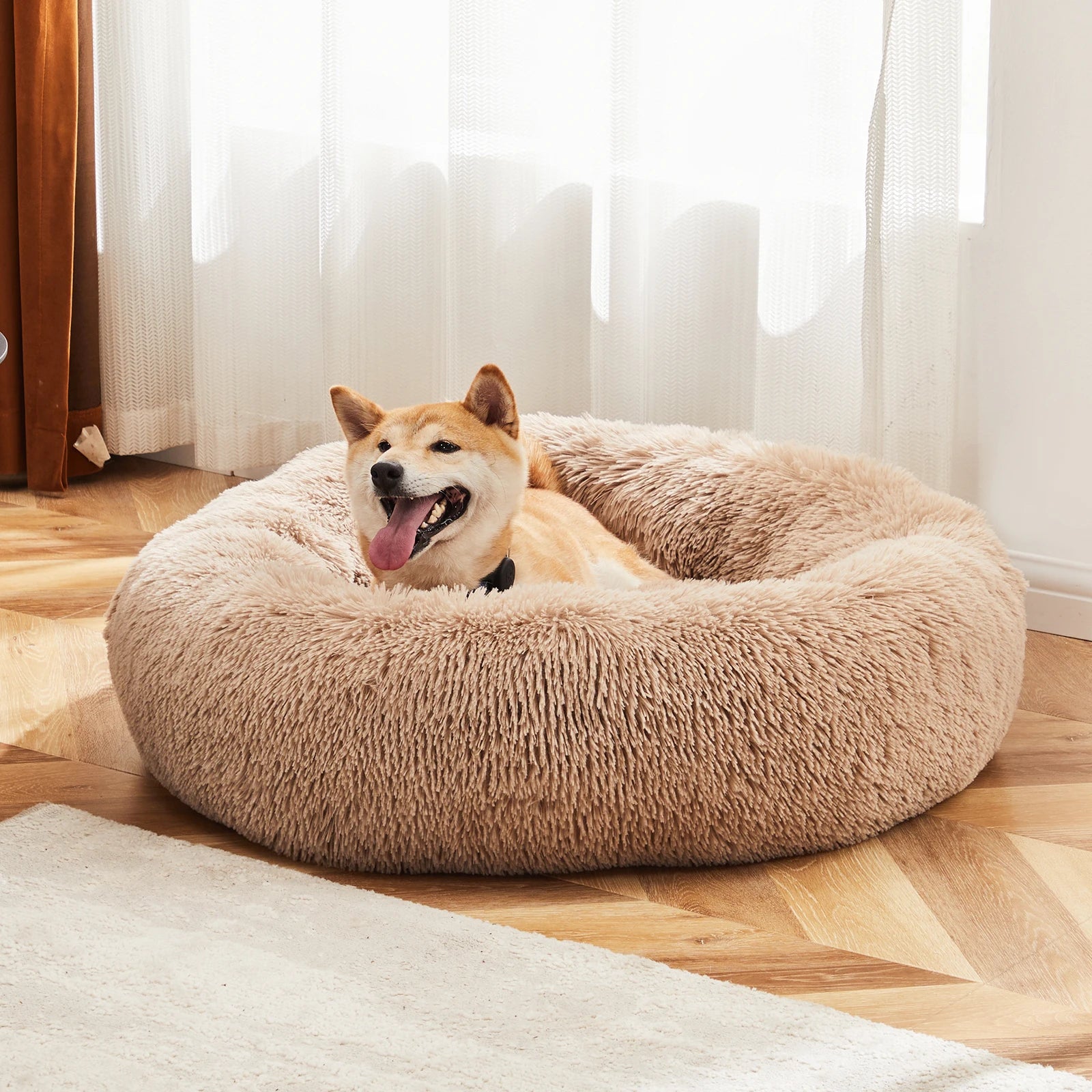 Calming Plush Dog Bed with Non-Slip Base – Washable Round Pet Bed