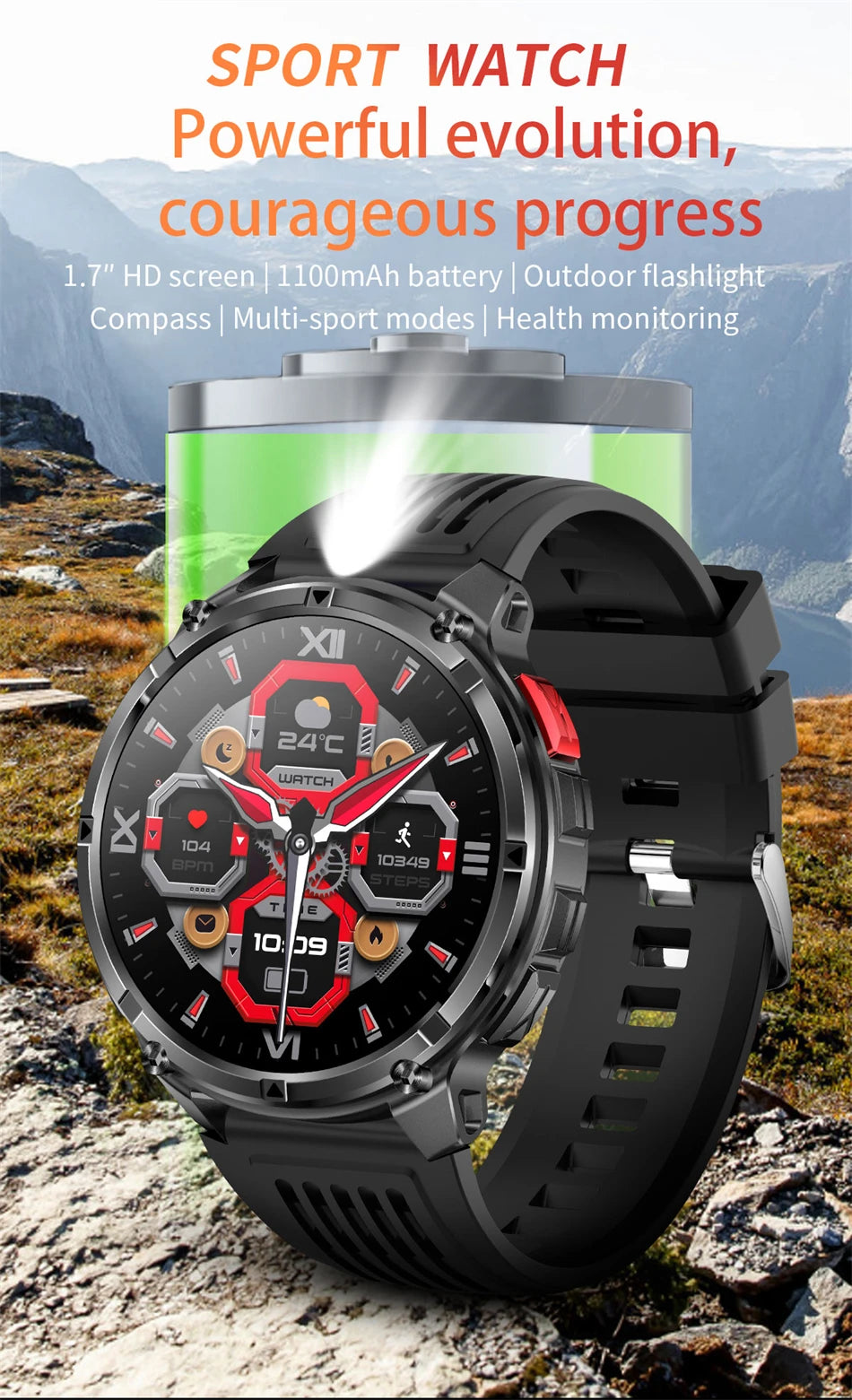 Outdoor Bluetooth Anruf-Smartwatch mit Kompass & Taschenlampenfunktion