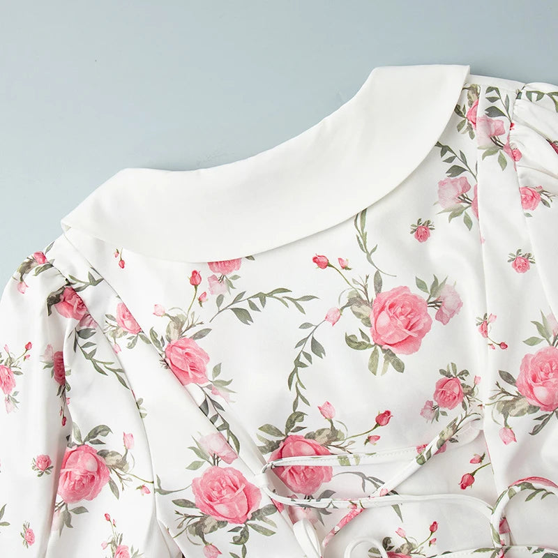 Tornova Print Puff Sleeves Ruffled Dress Women's V-Neck High Waist Pearl Buttons Mini Dress Female Casual Vacation Fashion Dress 