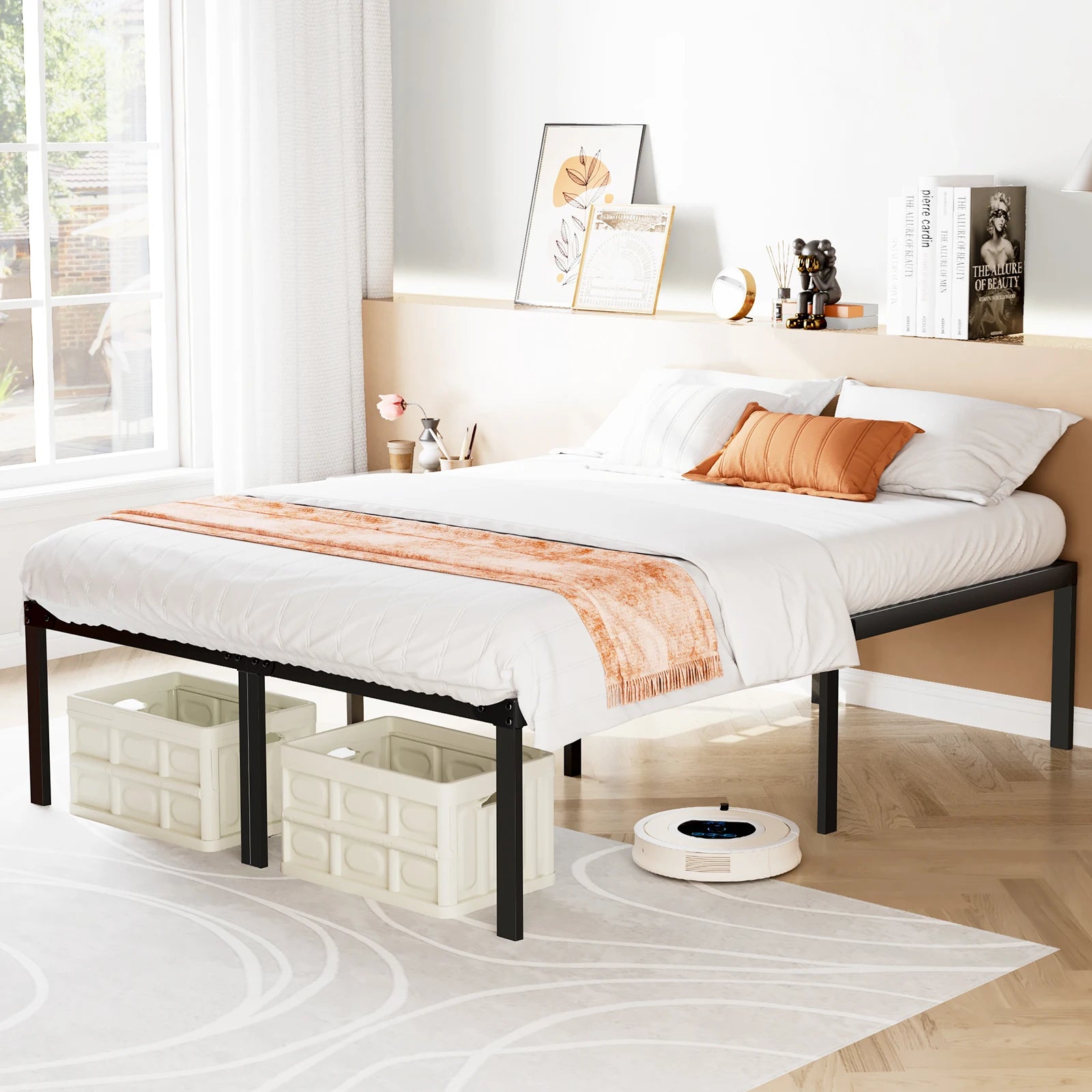 Metal Platform Bed Frame with Steel Slats and 14" Underbed Clearance