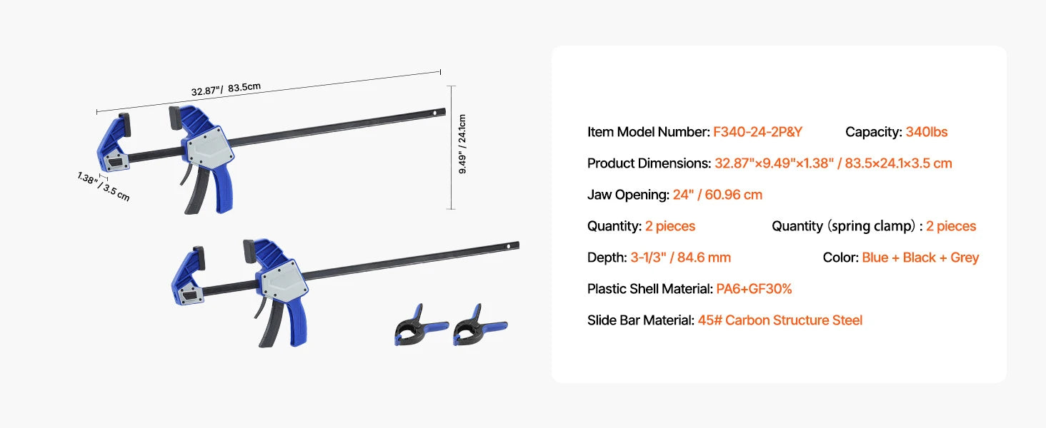 SucceBuy bøjle-klemmer 2 stk. 50" parallelle klemmer sæt F-klemme med belastningsgrænse 1100 lbs højstyrke plast og kulstofstål træklamp