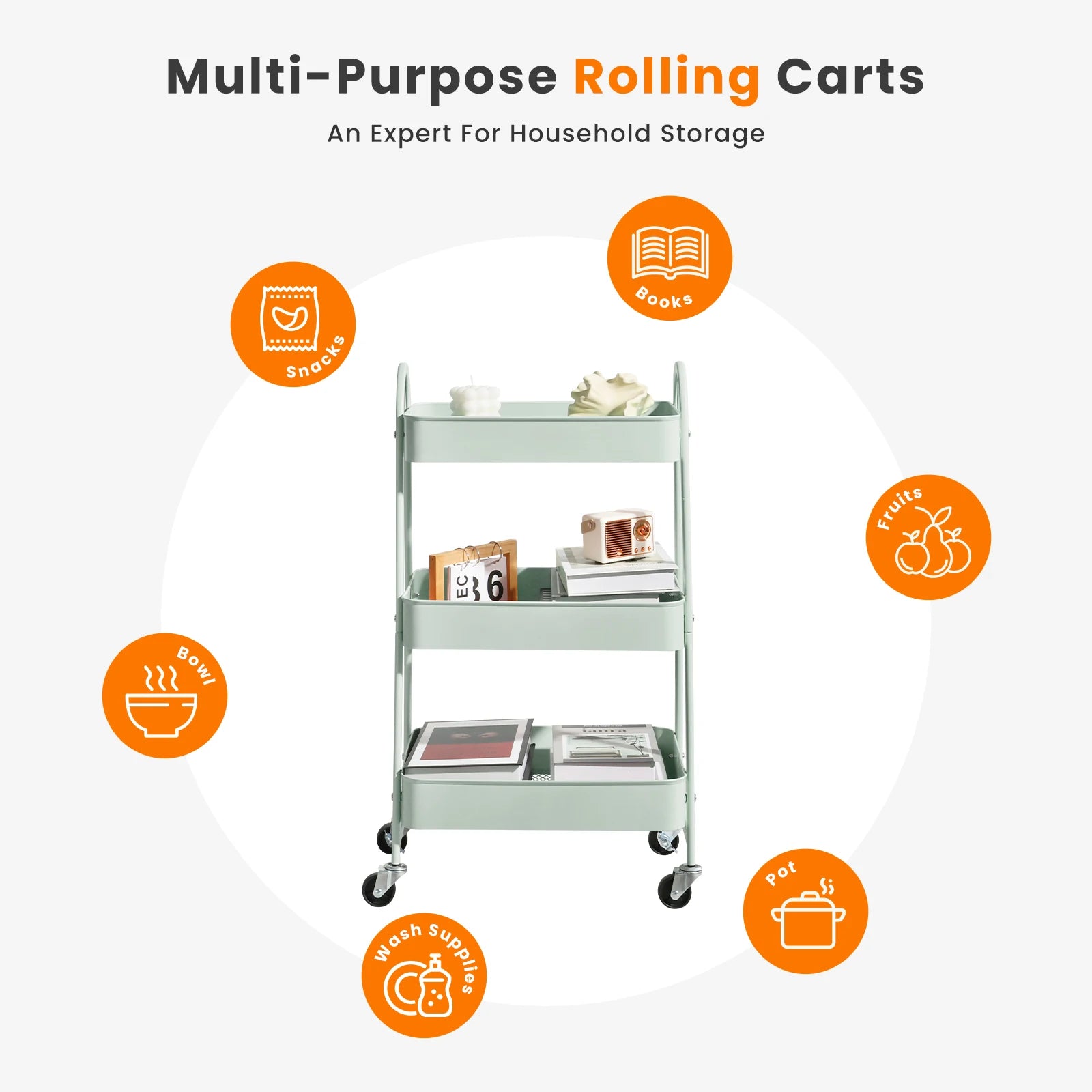3-Tier Rolling Storage Cart with Lockable Wheels for Small Spaces