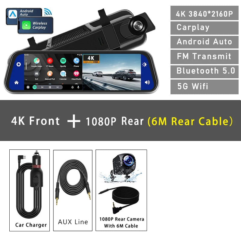 10"  Dash Cam 4K 3840*2160P Car Dvr Carplay Android Auto GPS 5G WIFI AUX Stream RearView Mirror Dashcam Camera Drive Recorder FM 