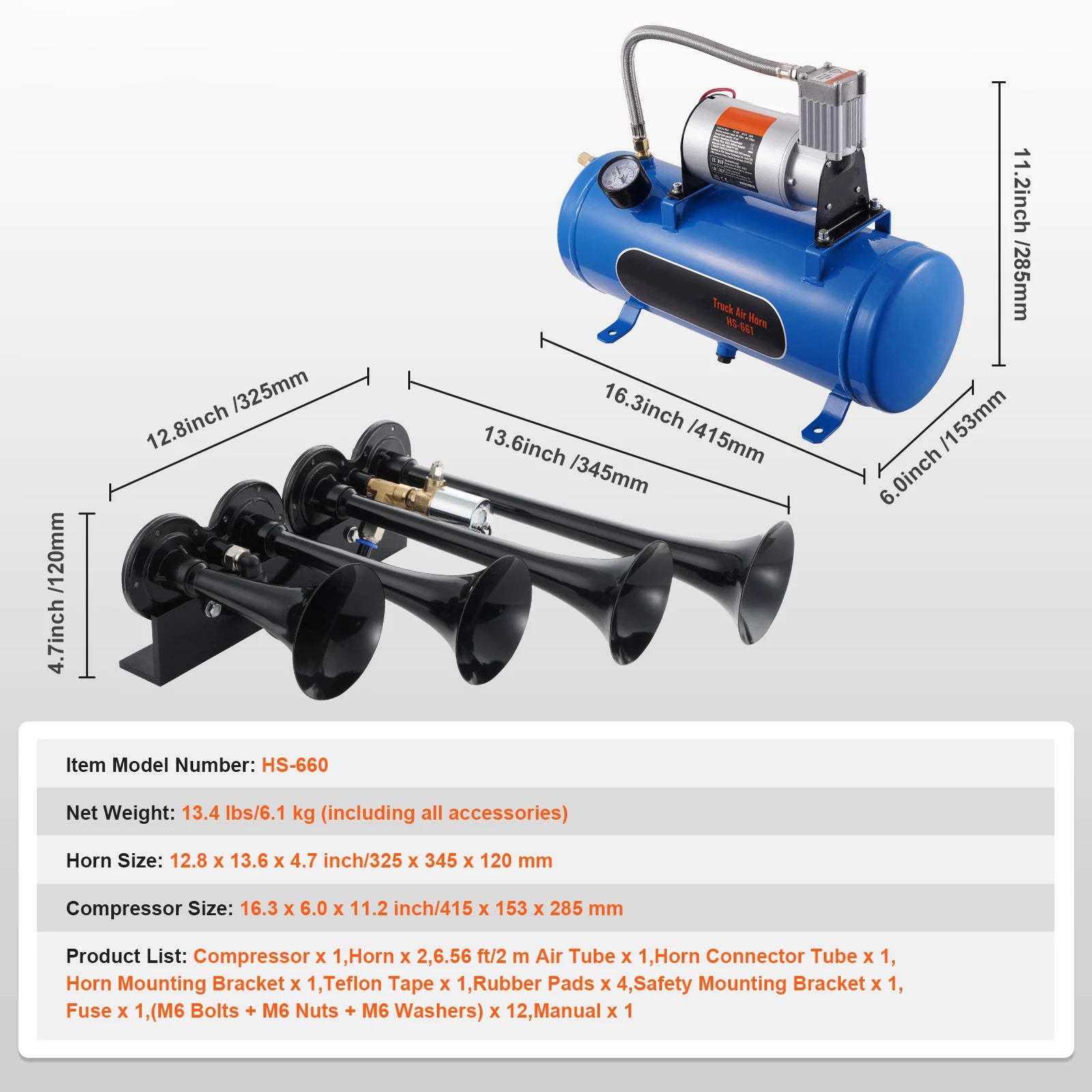 150dB 4 Trumpet Train Horn Kit with 12V Compressor & Air Tank