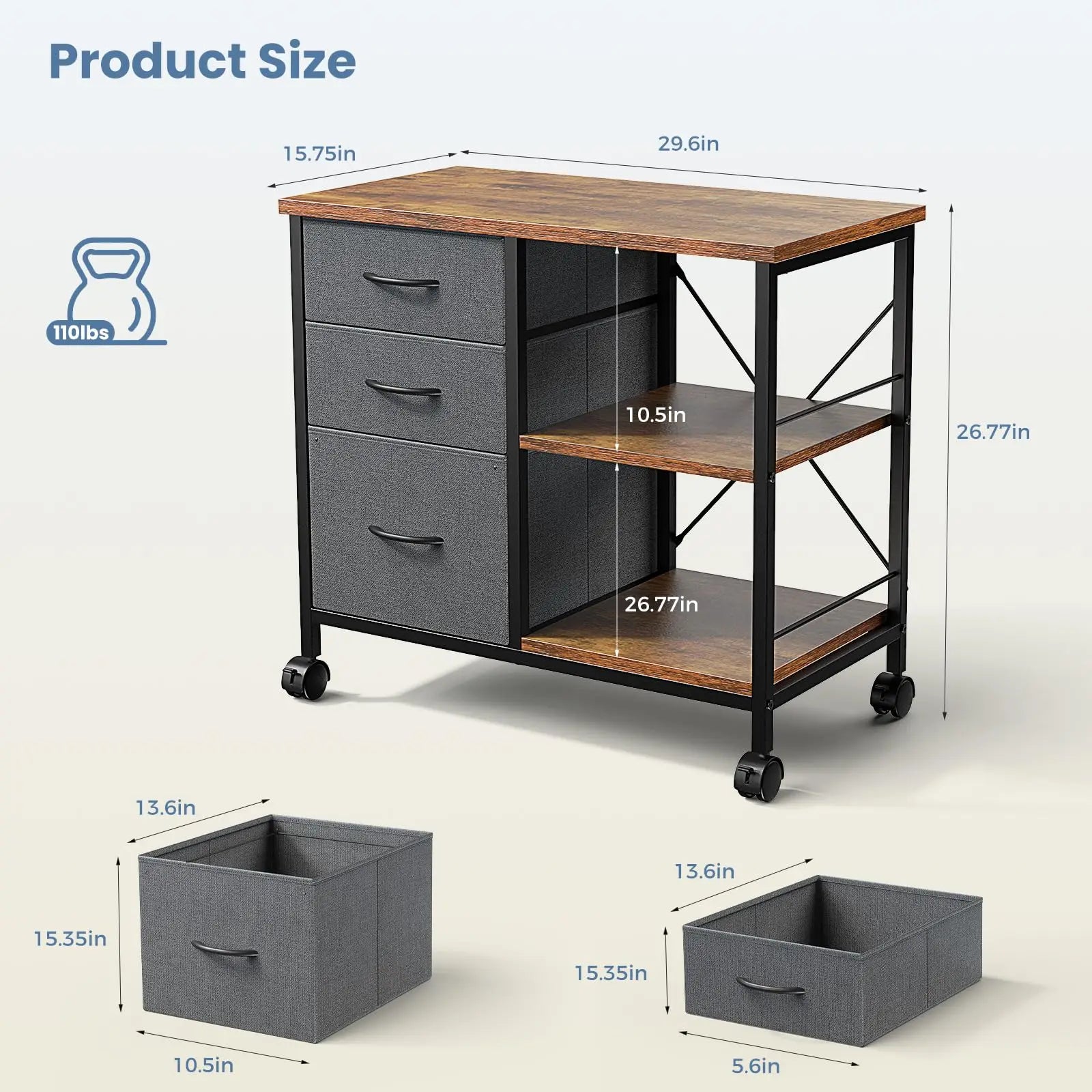 Rolling Storage Cabinet with Fabric Drawers and Steel Frame
