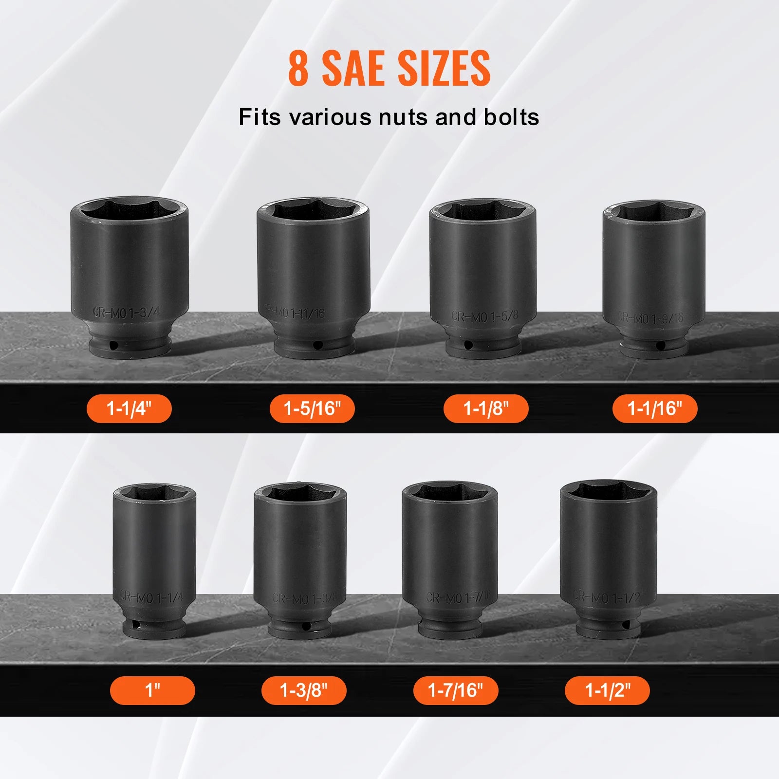 SucceBuy Axle Nut Impact Socket Set Drive Deep 6-Point 8-Piece SAE Spindle Nut Socket Set CR-MO Heat Treated Large Socket Set