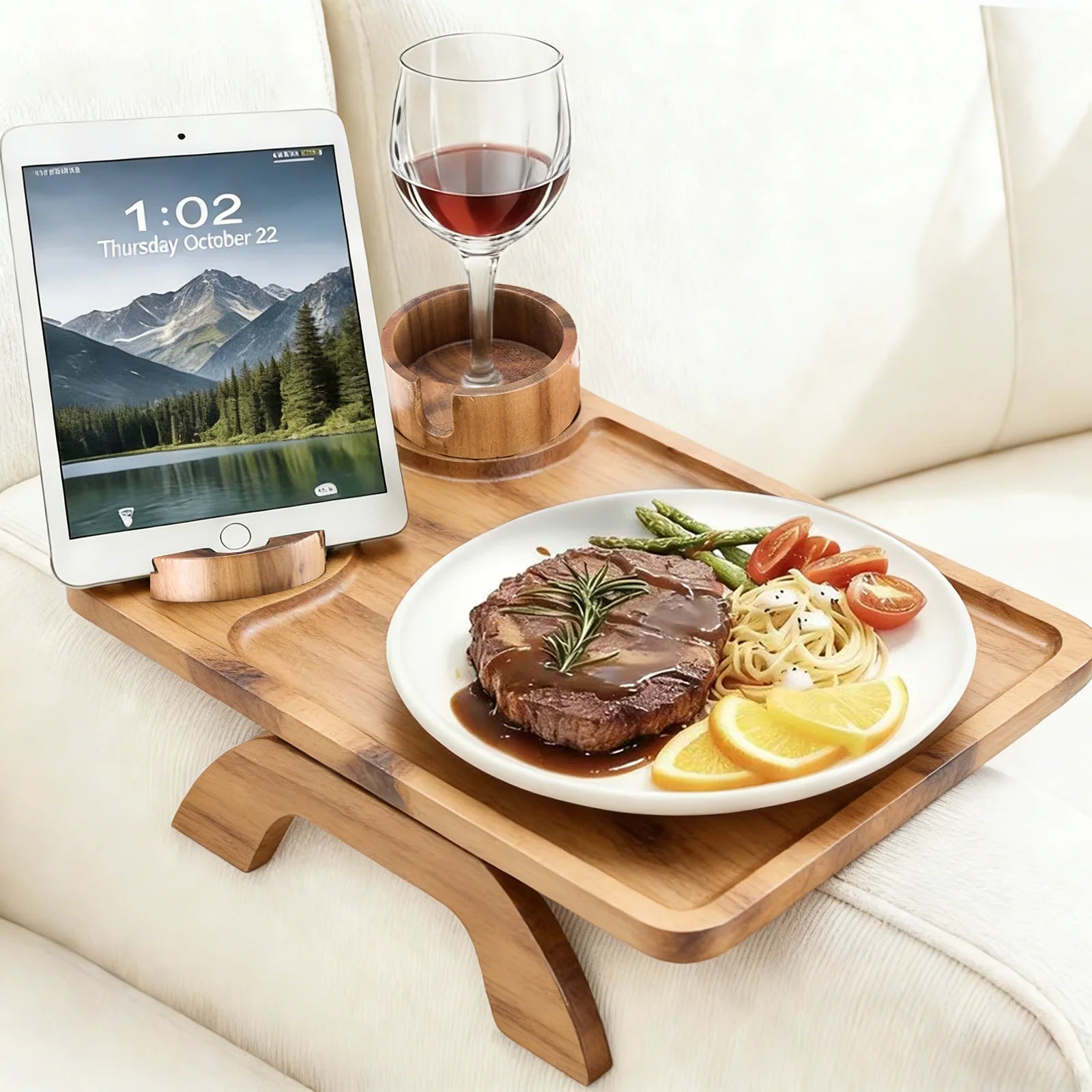 3-in-1 Couch Arm Tray with Rotating Cup Holder & Phone Stand