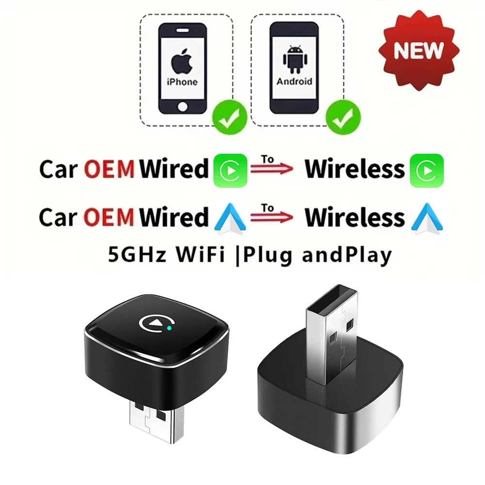 2in1 Wired to Wireless CarPlay Android Auto Adapter for OEM Car Stereo With USB Plug and Play 
