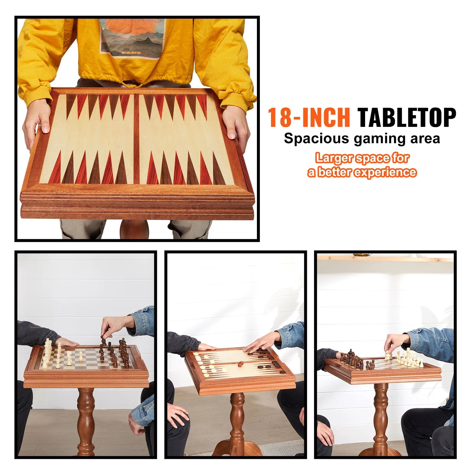 3-in-1 Wooden Chess Table Set 18" Chess, Checkers & Backgammon