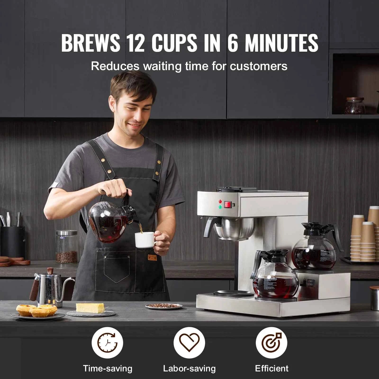 12-Cup Commercial Drip Coffee Maker with 3 Glass Carafes and 3 Warming Plates