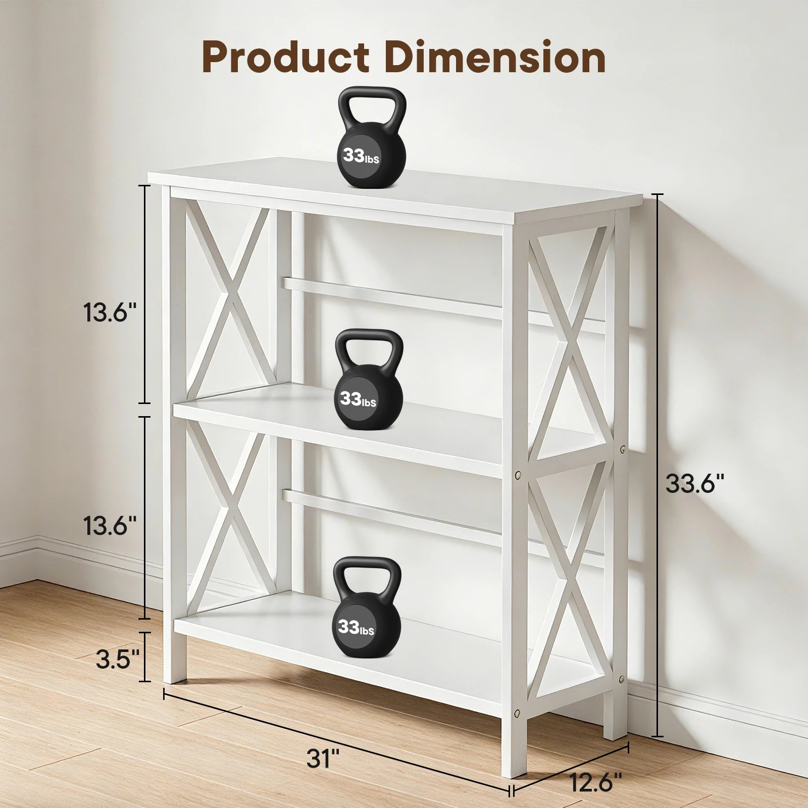 3 Tier Bookshelf Storage Rack with Heavy-Duty Shelves and X-Frame