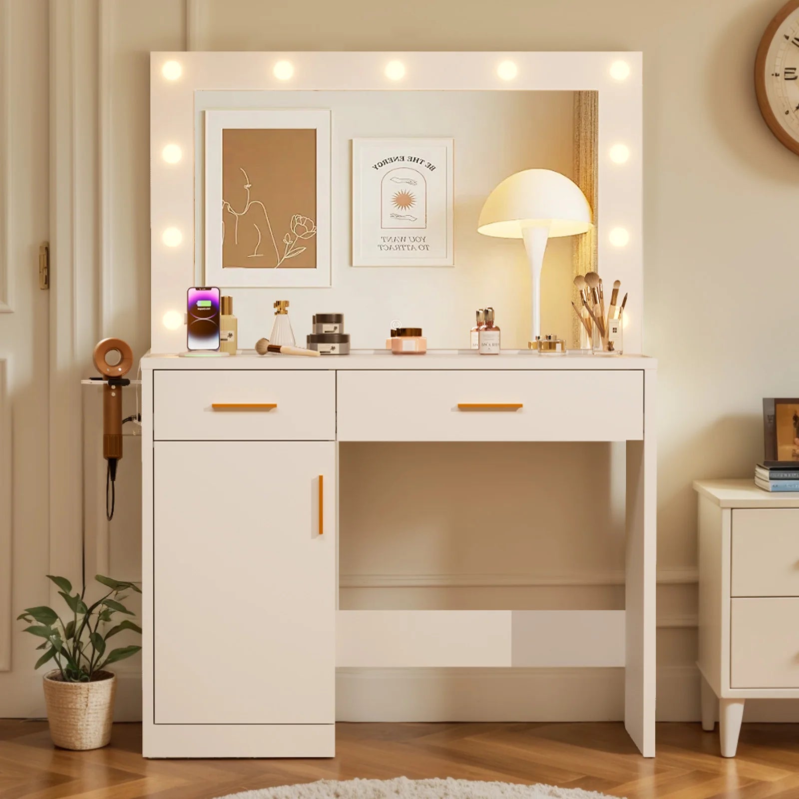 Vanity Desk with LED Mirror, Charging Station & Storage