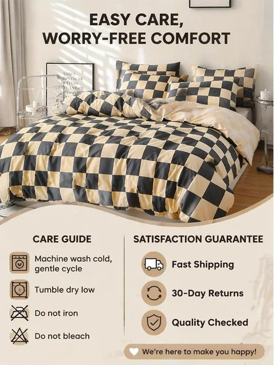 Black and Beige Checkered Duvet Cover 3-Piece Set, Modern Checkered Bedding Set, Soft Bedspread with Pillowcases, Available for Single, Double, King, and Queen Beds
