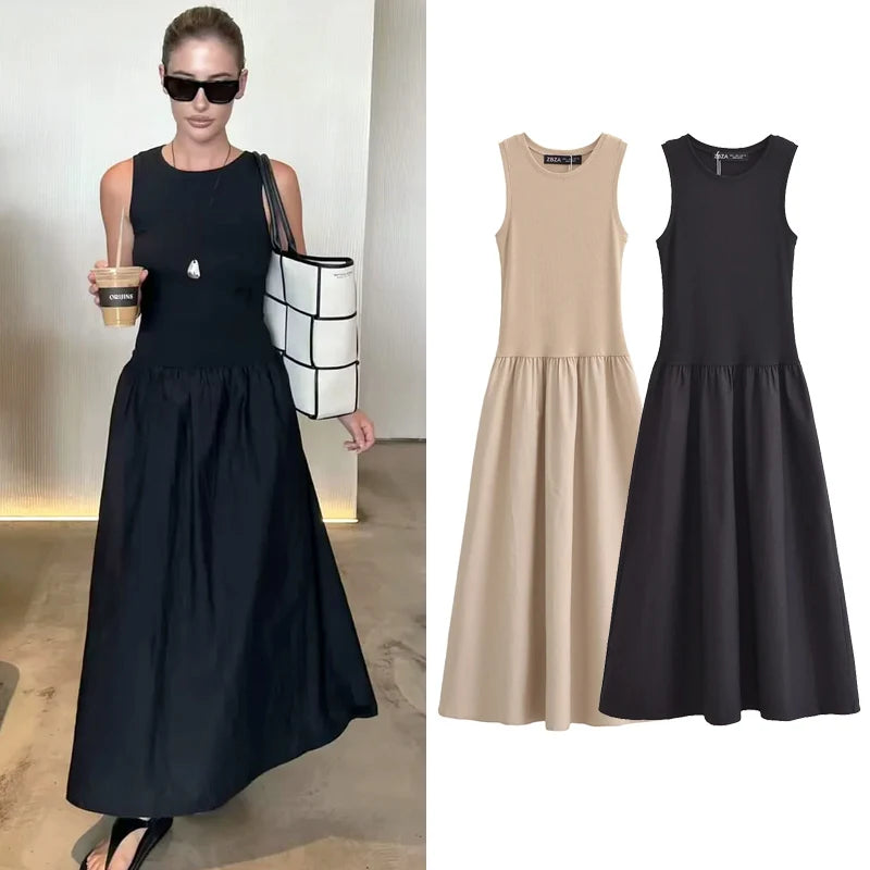 HXAO Women's Black Long Dresses 2025 Spring Sleeveless Elegant Dresses Fashion Casual Vintage Party Khaki Dresses Vestidos 