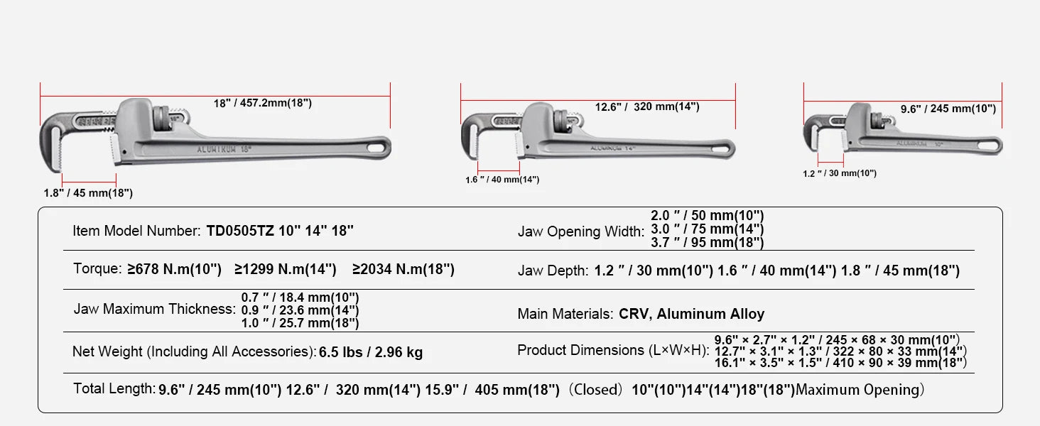 24" Aluminum Pipe Wrench Adjustable 4.1" Jaw Heavy-Duty Grip